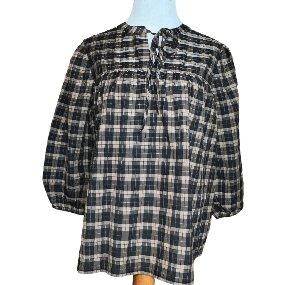 Barbour‎ Lorelie Praline Gingham Plaid Popover Peasant Shirt Womens Size 14 New